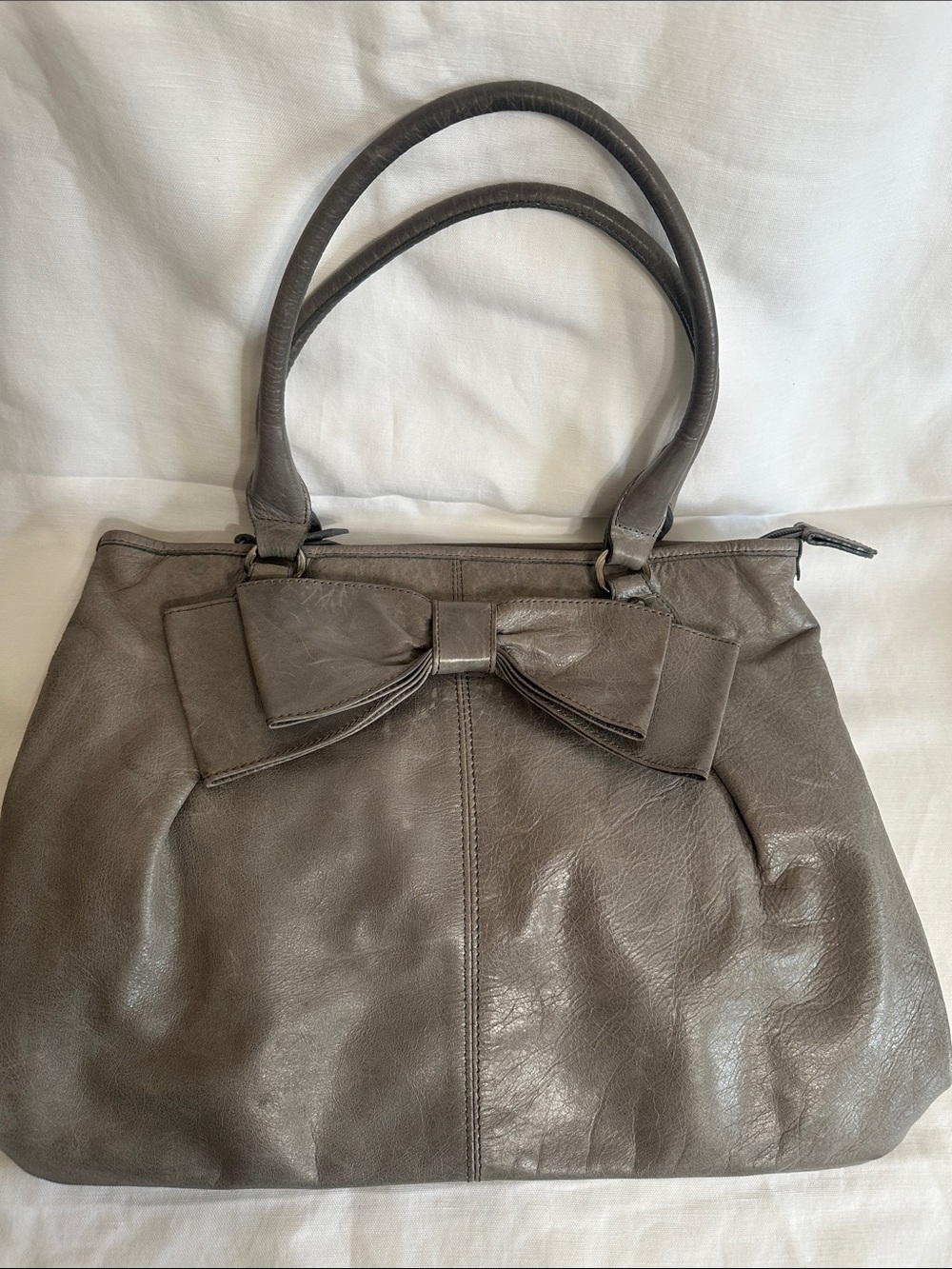 Genuine Leather Bow-Accent Gray Shoulder Bag for Women top zip